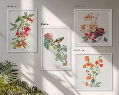 Composizione di 4 quadri con fiori dipinti e uccello in stile retrò