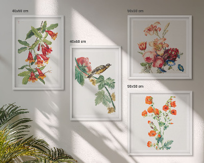 Composizione di 4 quadri Fiori dipinti uccello retrò
