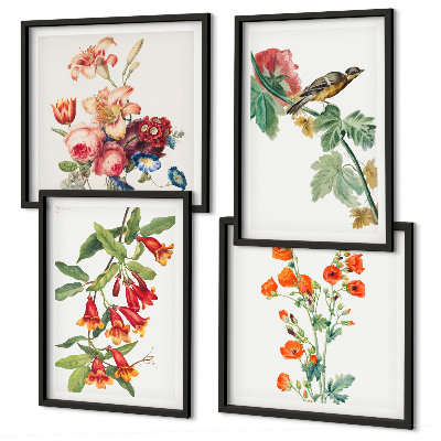 Composizione di 4 quadri Fiori dipinti uccello retrò