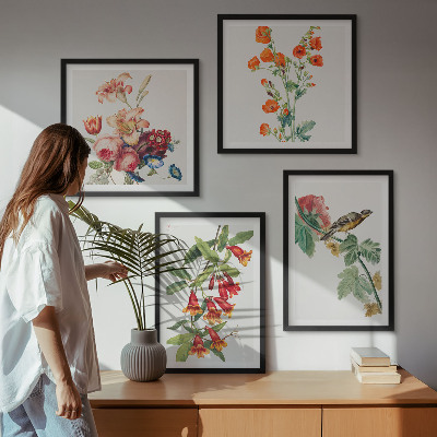 Composizione di 4 quadri Fiori dipinti uccello retrò