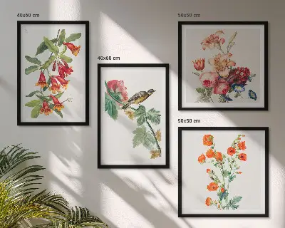 Composizione di 4 quadri con fiori dipinti e uccello in stile retrò