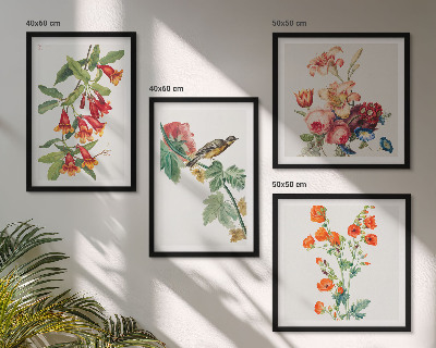 Composizione di 4 quadri Fiori dipinti uccello retrò