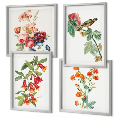 Composizione di 4 quadri con fiori dipinti e uccello in stile retrò