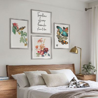 Composizione di 4 quadri Fiori farfalle uccello pastello