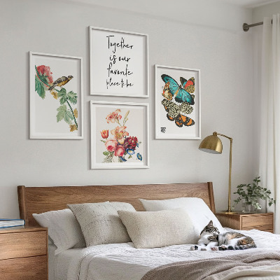 Composizione di 4 quadri Fiori farfalle uccello pastello