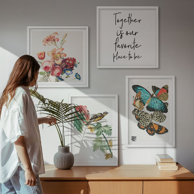 Composizione di 4 quadri Fiori farfalle uccello pastello