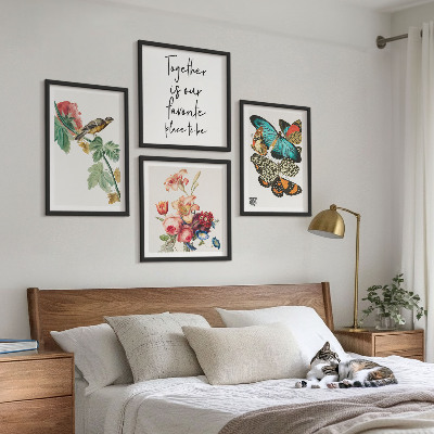 Composizione di 4 quadri Fiori farfalle uccello pastello