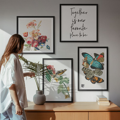 Composizione di 4 quadri Fiori farfalle uccello pastello