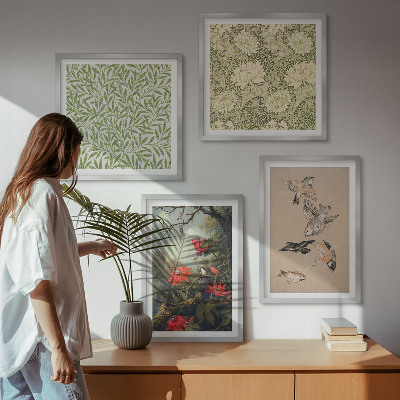 Polittico con cornice Fiori e uccelli in un ambiente naturale