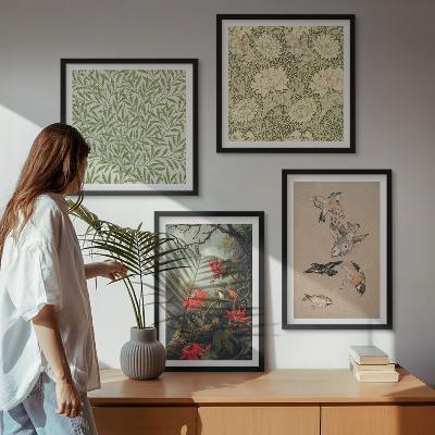 Polittico con cornice Fiori e uccelli in un ambiente naturale