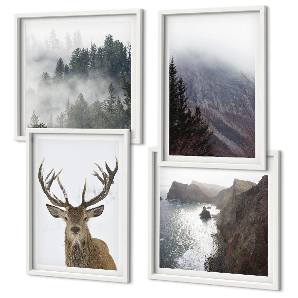 Polittico con cornice paesaggio montano nebbia cervo