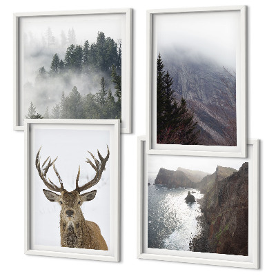 Polittico con cornice paesaggio montano nebbia cervo