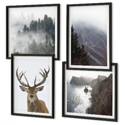 Polittico con cornice paesaggio montano nebbia cervo