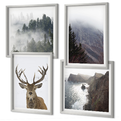 Polittico con cornice paesaggio montano nebbia cervo