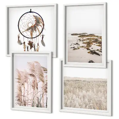 Galleria a parete con stampe di prati, spiaggia e stile boho