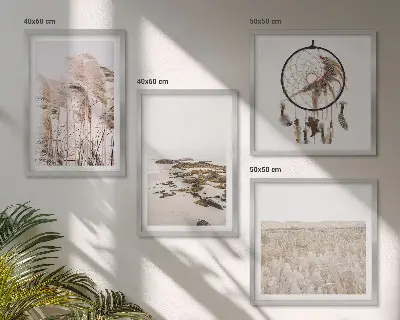 Galleria a parete con stampe di prati, spiaggia e stile boho
