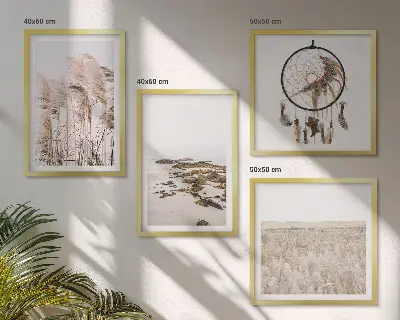 Galleria a parete con stampe di prati, spiaggia e stile boho