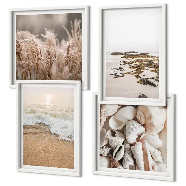 Composizione di 4 quadri decorazione da parete con spiaggia ed erba tra onde e pietre in stile boho