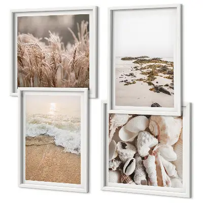 Composizione di 4 quadri decorazione da parete con spiaggia ed erba tra onde e pietre in stile boho