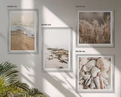 Composizione di 4 quadri decorazione da parete con spiaggia ed erba tra onde e pietre in stile boho