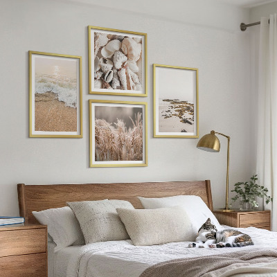 Composizione di 4 quadri Spiaggia erba onde pietre boho