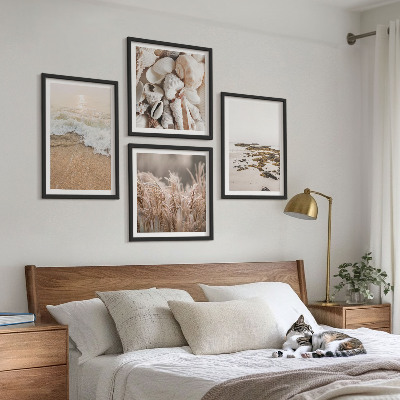 Composizione di 4 quadri Spiaggia erba onde pietre boho