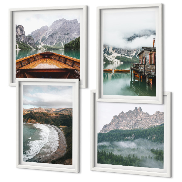Polittico con cornice spiagge di montagna casa galleggiante in legno
