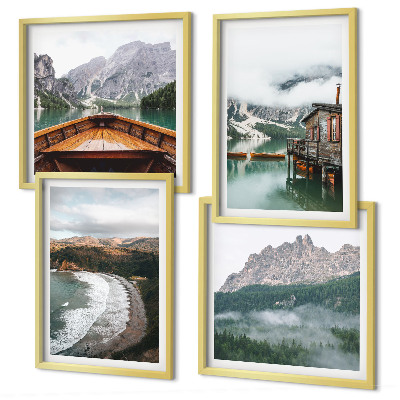 Polittico con cornice spiagge di montagna casa galleggiante in legno