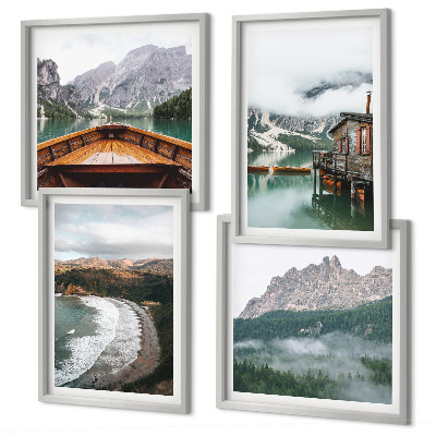 Polittico con cornice spiagge di montagna casa galleggiante in legno
