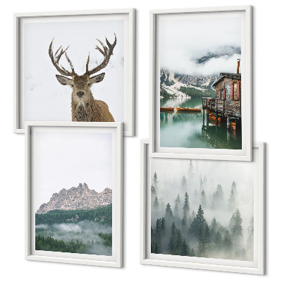 Polittico con cornice Montagne lago cervo cottage nebbia