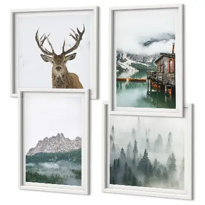 Polittico con cornice quadro con paesaggio di montagna, lago, cervo e cottage nella nebbia