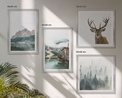 Polittico con cornice Montagne lago cervo cottage nebbia