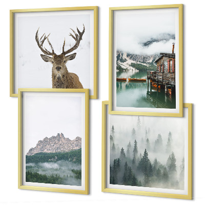 Polittico con cornice Montagne lago cervo cottage nebbia