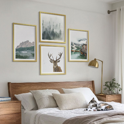 Polittico con cornice Montagne lago cervo cottage nebbia