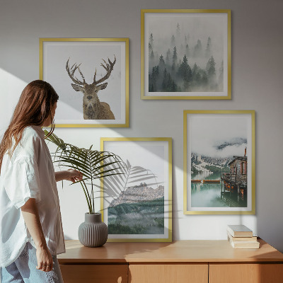 Polittico con cornice Montagne lago cervo cottage nebbia