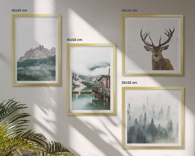 Polittico con cornice Montagne lago cervo cottage nebbia