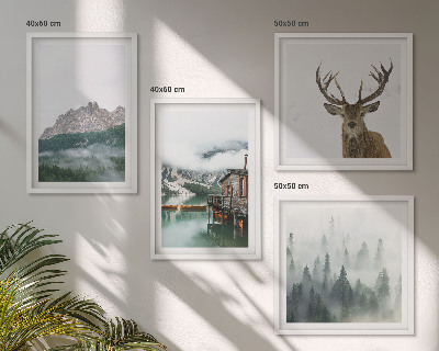 Polittico con cornice Montagne lago cervo cottage nebbia
