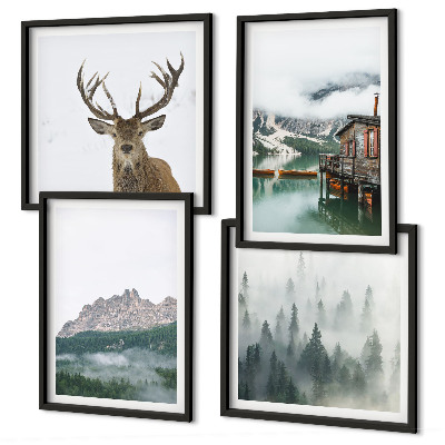 Polittico con cornice Montagne lago cervo cottage nebbia