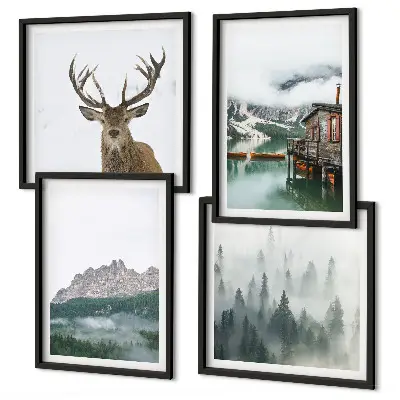 Polittico con cornice quadro con paesaggio di montagna, lago, cervo e cottage nella nebbia