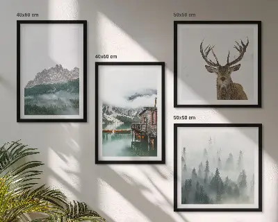 Polittico con cornice quadro con paesaggio di montagna, lago, cervo e cottage nella nebbia