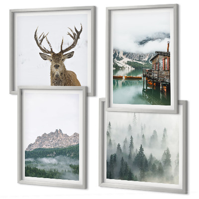 Polittico con cornice Montagne lago cervo cottage nebbia