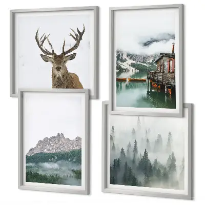 Polittico con cornice quadro con paesaggio di montagna, lago, cervo e cottage nella nebbia