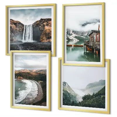 Polittico con cornice paesaggio con spiagge di montagna, nuvole e acqua