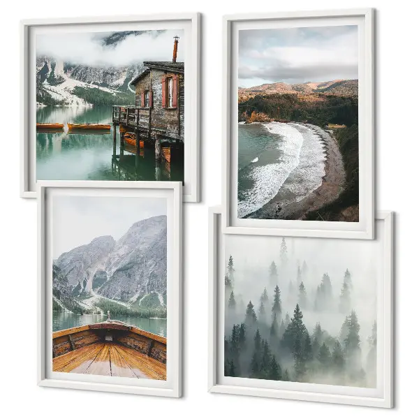 Composizione di 4 quadri con paesaggio di montagne, lago, barca, nebbia e spiaggia