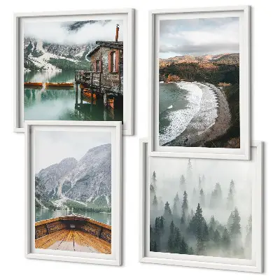 Composizione di 4 quadri con paesaggio di montagne, lago, barca, nebbia e spiaggia