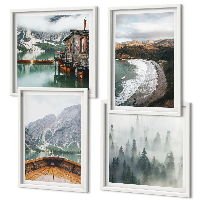 Composizione di 4 quadri Montagne, lago, barca, nebbia, spiaggia