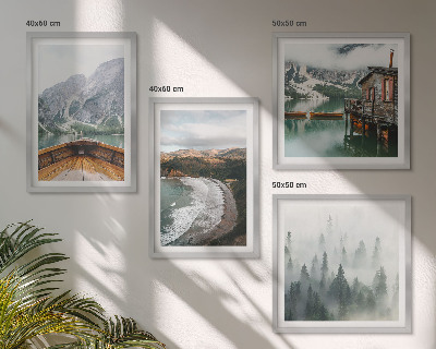 Composizione di 4 quadri Montagne, lago, barca, nebbia, spiaggia