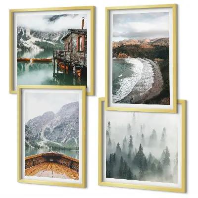 Composizione di 4 quadri con paesaggio di montagne, lago, barca, nebbia e spiaggia