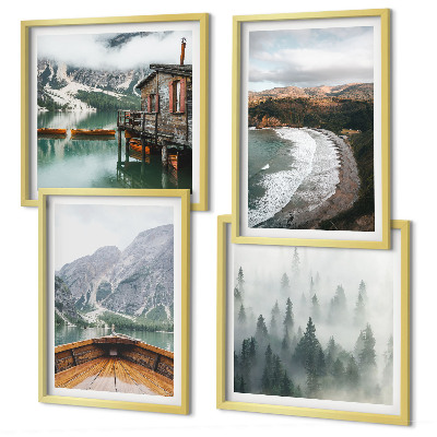 Composizione di 4 quadri Montagne, lago, barca, nebbia, spiaggia