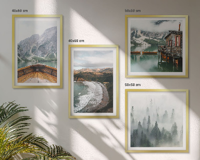 Composizione di 4 quadri Montagne, lago, barca, nebbia, spiaggia